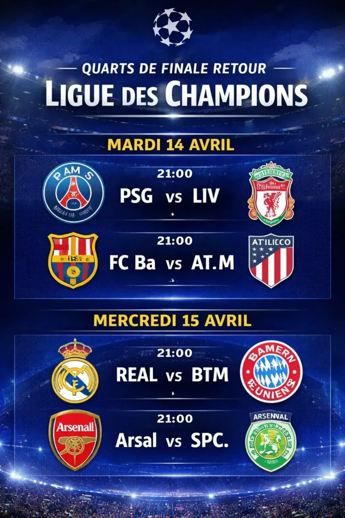 programme quarts de finale Ligue des Champions retour 14 15 avril matchs PSG Liverpool Barcelone Atletico Real Madrid Bayern Arsenal Sporting