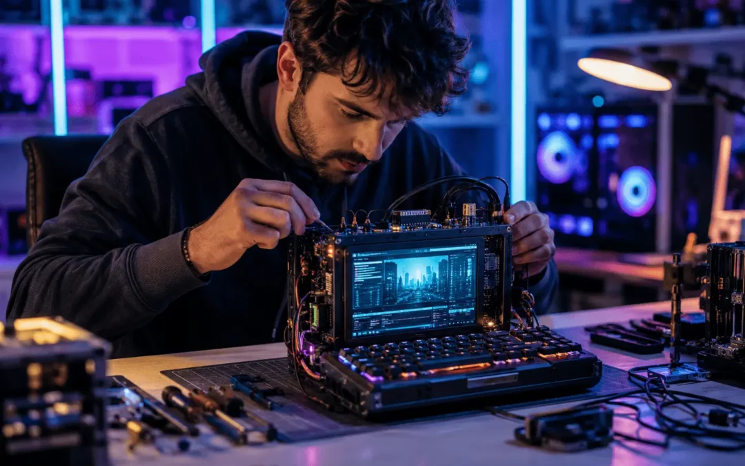 Différents modèles de Cyberdeck TikTok dans un showroom tech futuriste