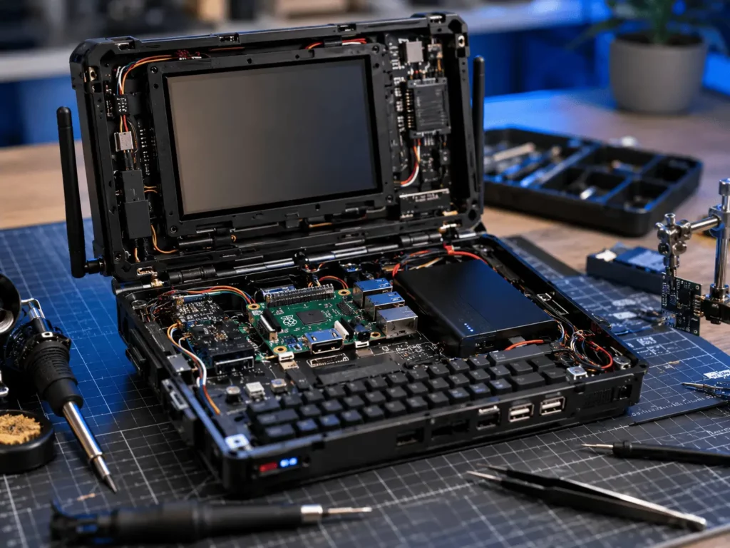 Cyberdeck TikTok DIY futuriste assemblé dans un setup cyberpunk moderne