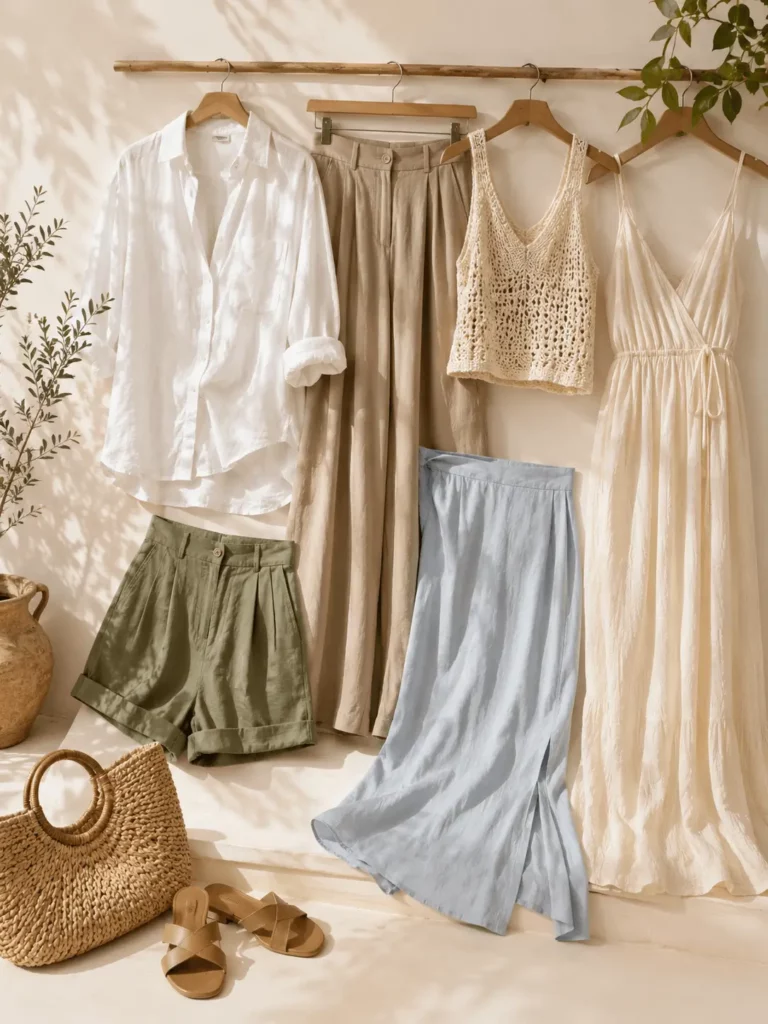 Pièces tendances été 2026 avec chemise oversize, pantalon large, jupe midi et matières naturelles