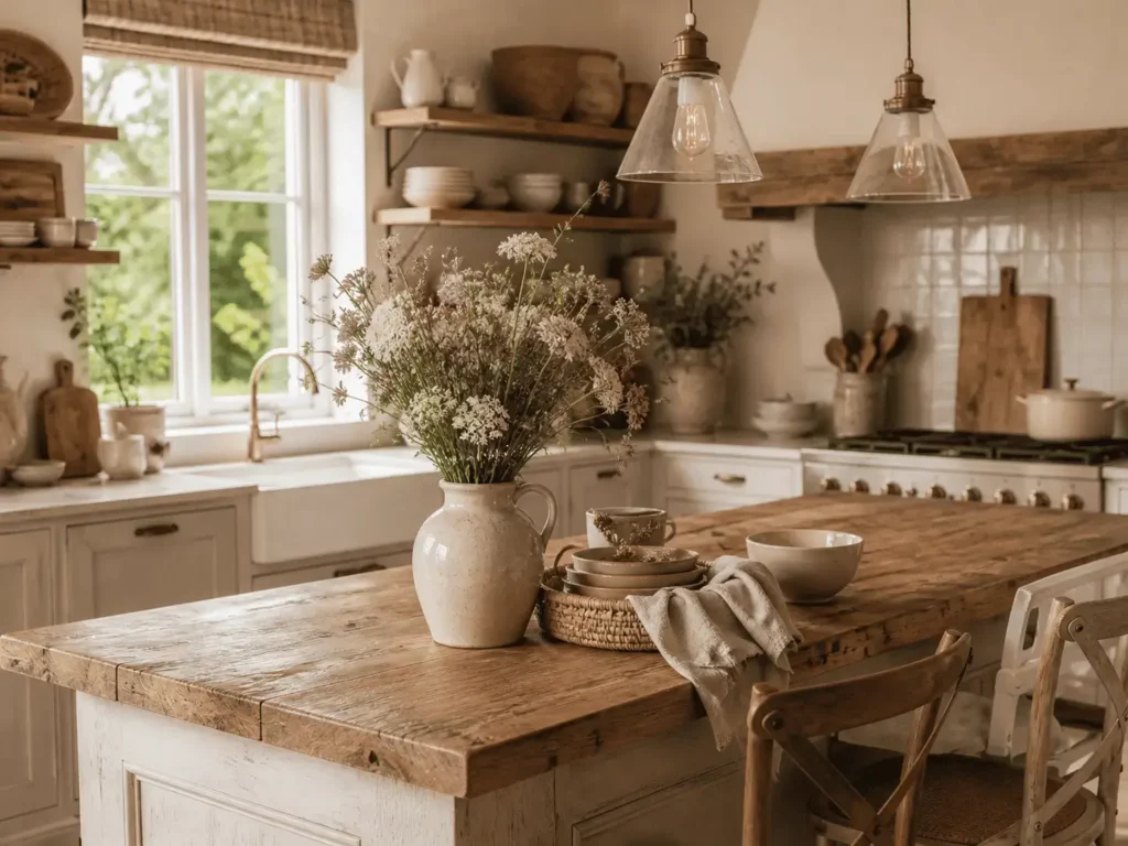 style campagne chic intérieur cuisine bois clair vaisselle céramique ambiance lumineuse naturelle