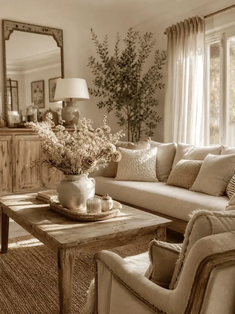 style campagne chic intérieur détails décoration bois fleurs séchées lin bougies ambiance chaleureus