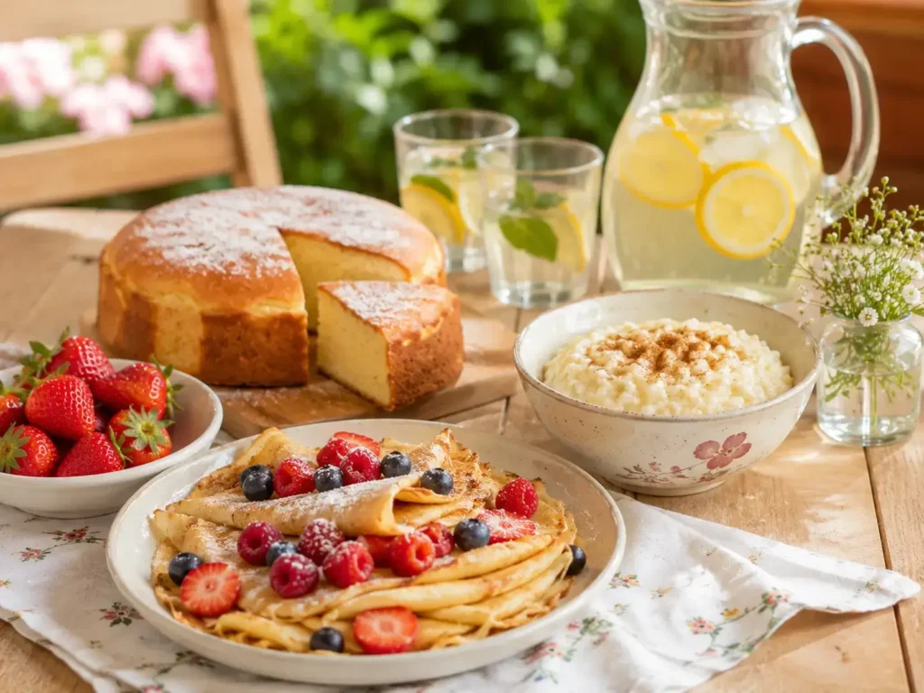 comfort food d'été avec plats d'enfance comme crêpes, gâteau au yaourt et riz au lait froid