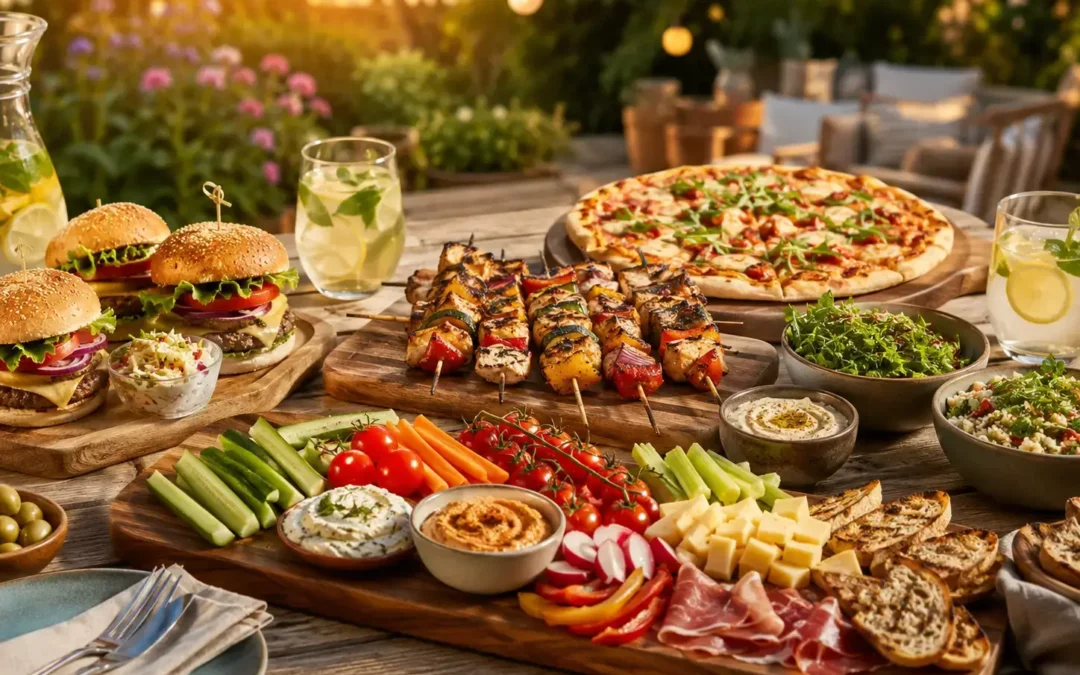 comfort food d'été avec barbecue, brochettes, burgers maison et planche apéritive à partager