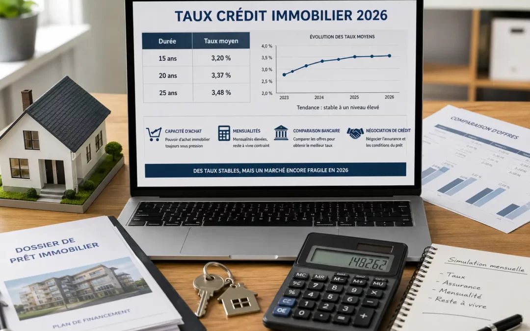 Marché immobilier français 2026 avec reprise fragile, prix stables, taux de crédit élevés et logement neuf sous tension