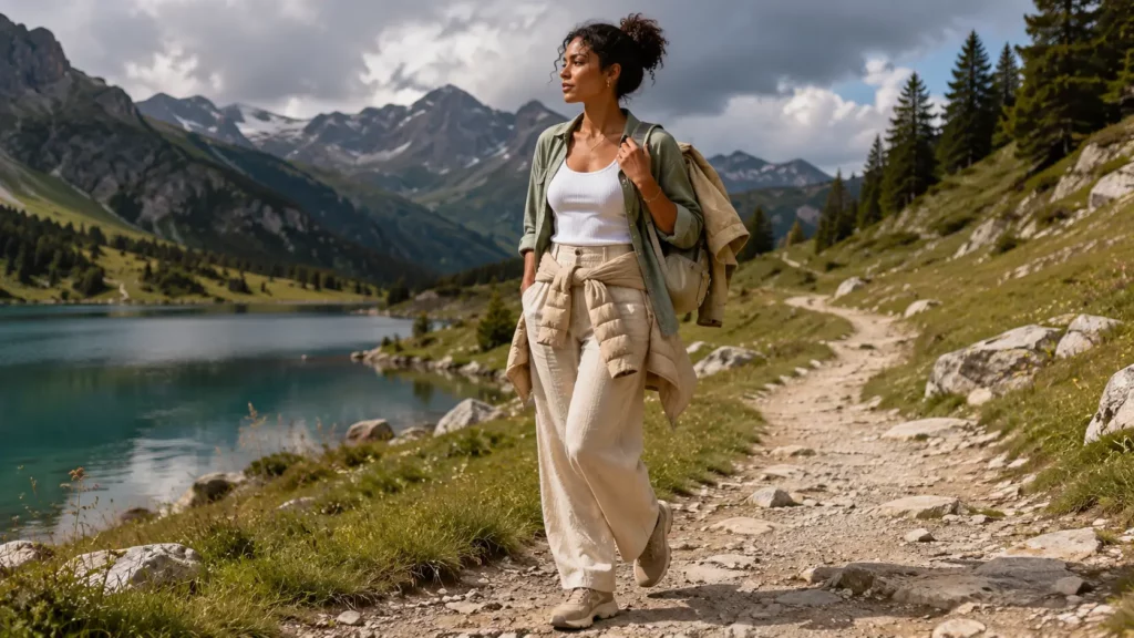 Tenue montagne été femme avec chemise ouverte, débardeur, pantalon large et coupe-vent léger