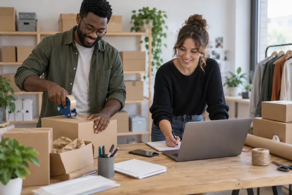 deux revendeurs préparent les produits de leur boutique en ligne