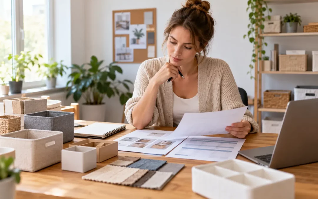 Entrepreneuse préparant son business plan à partir de produits, de notes et de devis