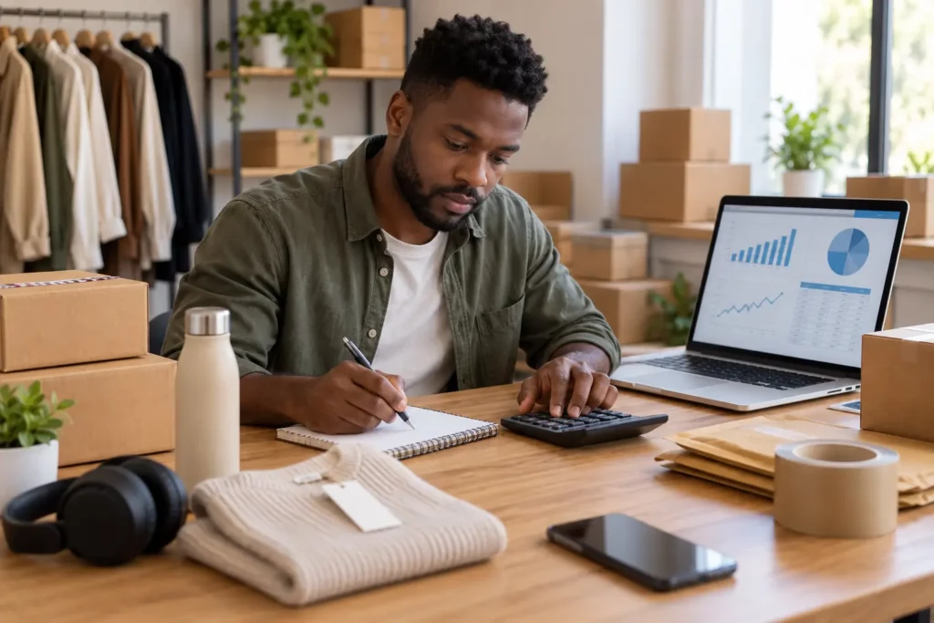 Revendeur calculant le prévisionnel de son business plan pour une boutique en ligne