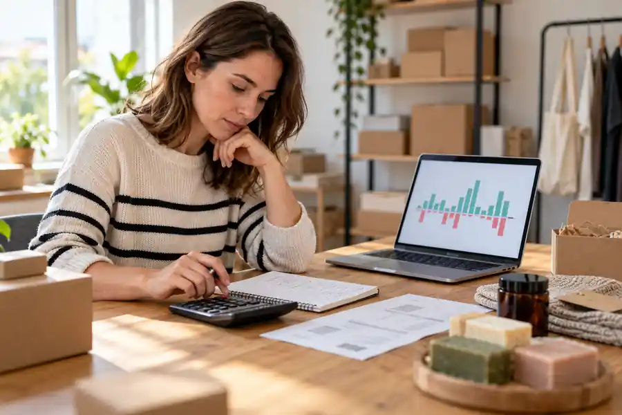 Comptabilité entreprise : une entrepreneuse analyse sa trésorerie avant un achat de stock