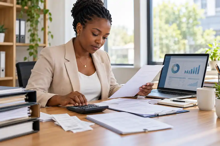 Comptabilité entreprise : une dirigeante classe ses factures et vérifie ses paiements