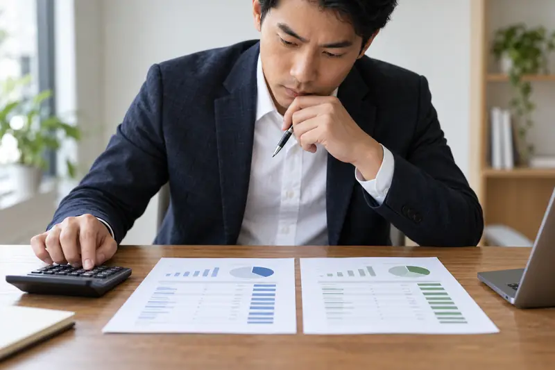 Entrepreneur comparant deux offres de crédit professionnel et leurs frais