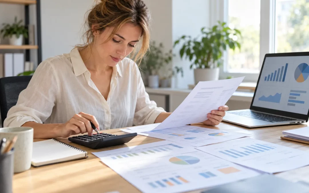 Financer création entreprise : entrepreneuse préparant son budget initial avec une calculatrice et des devis