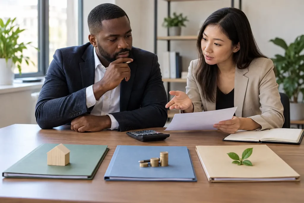 Financer création entreprise : deux entrepreneurs comparant apport, prêt et aides autour d’un plan de financement