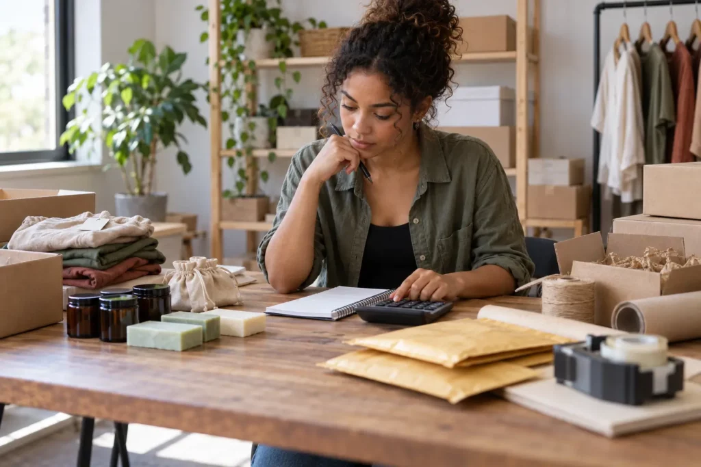 Financer création entreprise : revendeur évaluant le coût du stock et la trésorerie d’une boutique en ligne