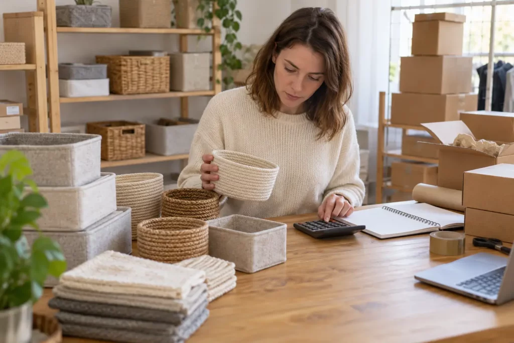Revendeuse calculant le coût du premier stock pour financer une entreprise de vente en ligne