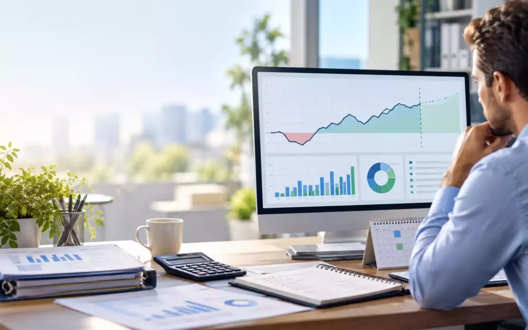 Dirigeant de PME analysant sa trésorerie et ses flux financiers sur un tableau de bord