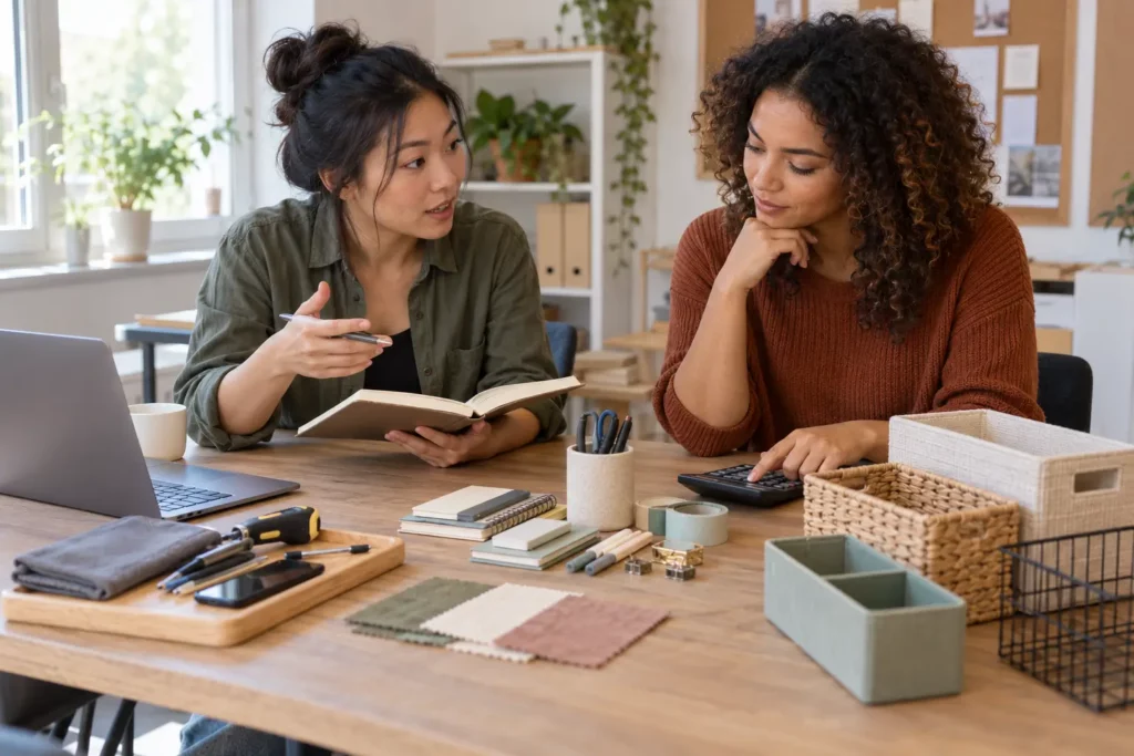 Deux entrepreneuses comparant plusieurs pistes pour choisir une idée business rentable