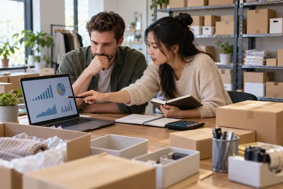 Levée fonds entreprise : revendeur comparant ventes, stock et budget de croissance e-commerce