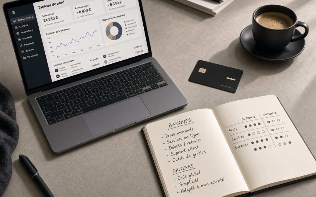 Bureau avec ordinateur, carte bancaire et comparatif de banque pro