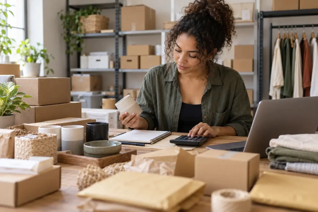 Une revendeuse calcule le stock à financer avec son prêt professionnel