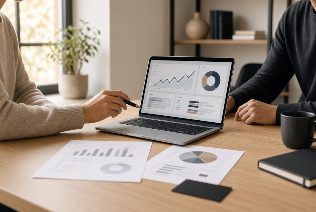 Deux associés qui regardent un tableau de bord financier.