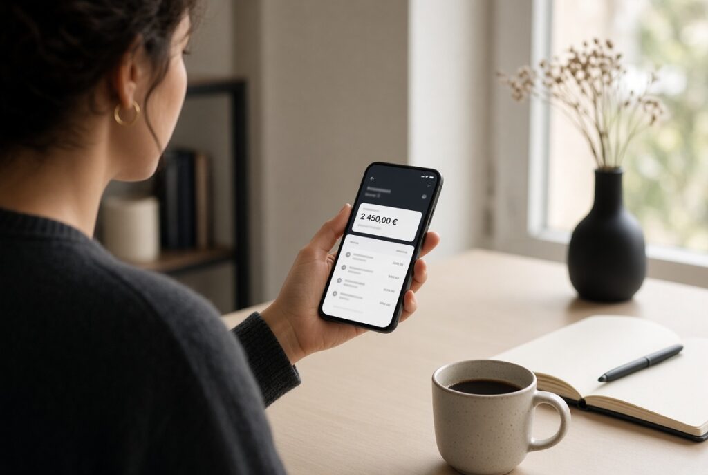 Indépendante qui consulte son compte pro sur son téléphone.